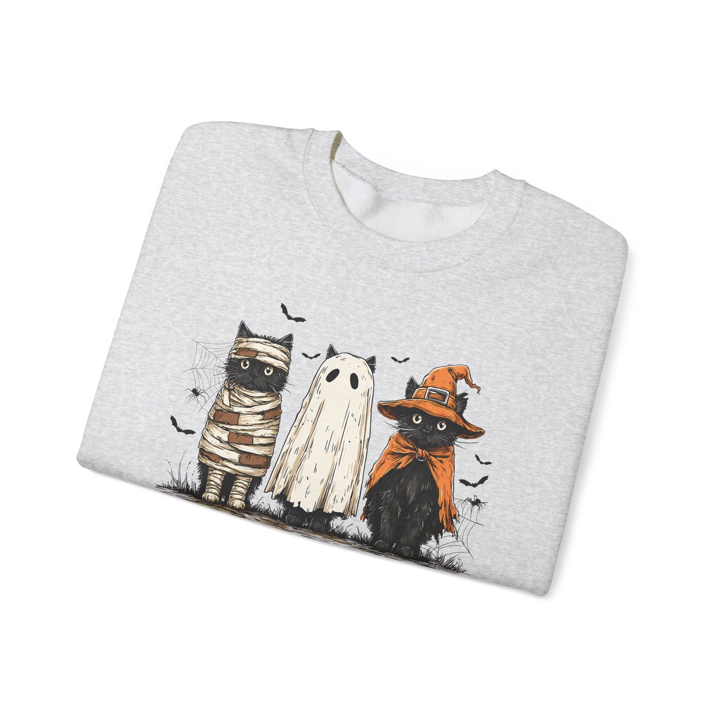 Halloween Black Cat Sweatshirt, Spooky Cute Gildan 1800 Crewneck with 3 Cats in Costumes, Cozy Fall & Halloween Apparel (12 Colors)