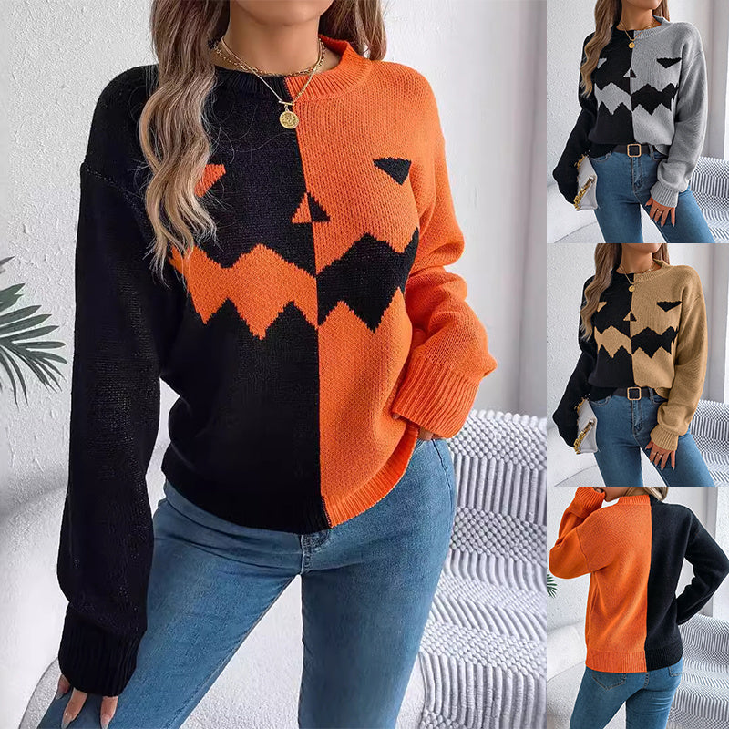Women’s Halloween Ghost Sweater – Contrast-Color Knitted Pullover, Long Sleeve Cozy Fall Top