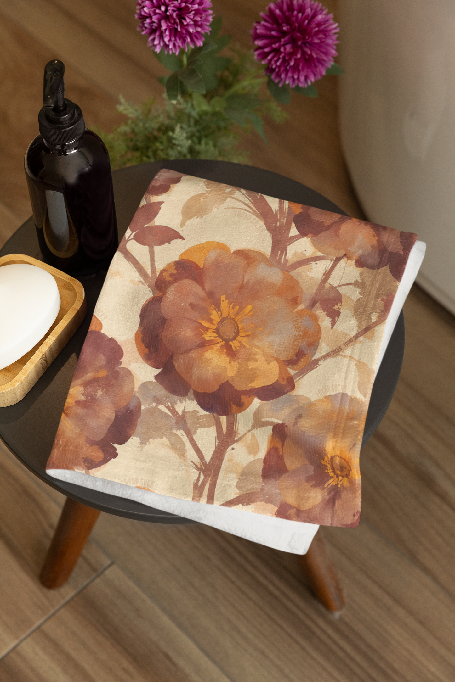 Trump Sucks Mocha and Orange Watercolor Floral Hand Towel, Subtle Political Statement
