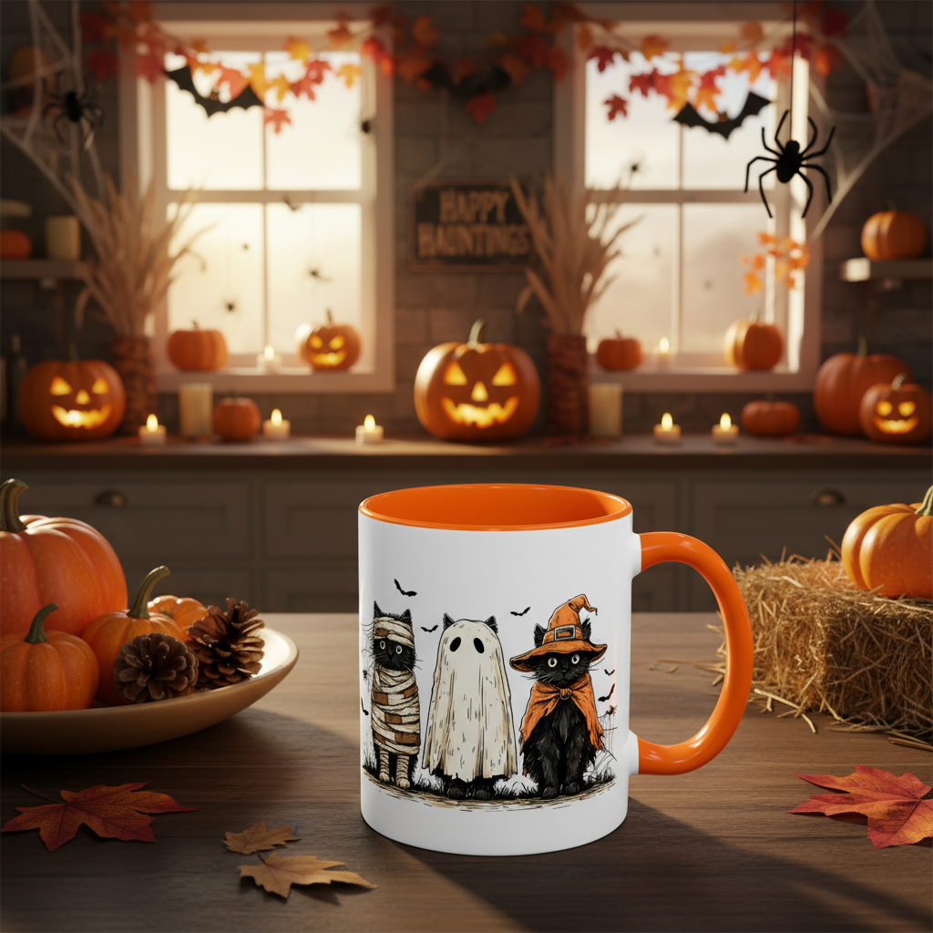 Halloween Black Cat Mug, Cute Witch, Ghost & Mummy Cats Coffee Cup, Spooky Cute Gift for Cat Lovers, Fall Pumpkin Spice Latte Mug