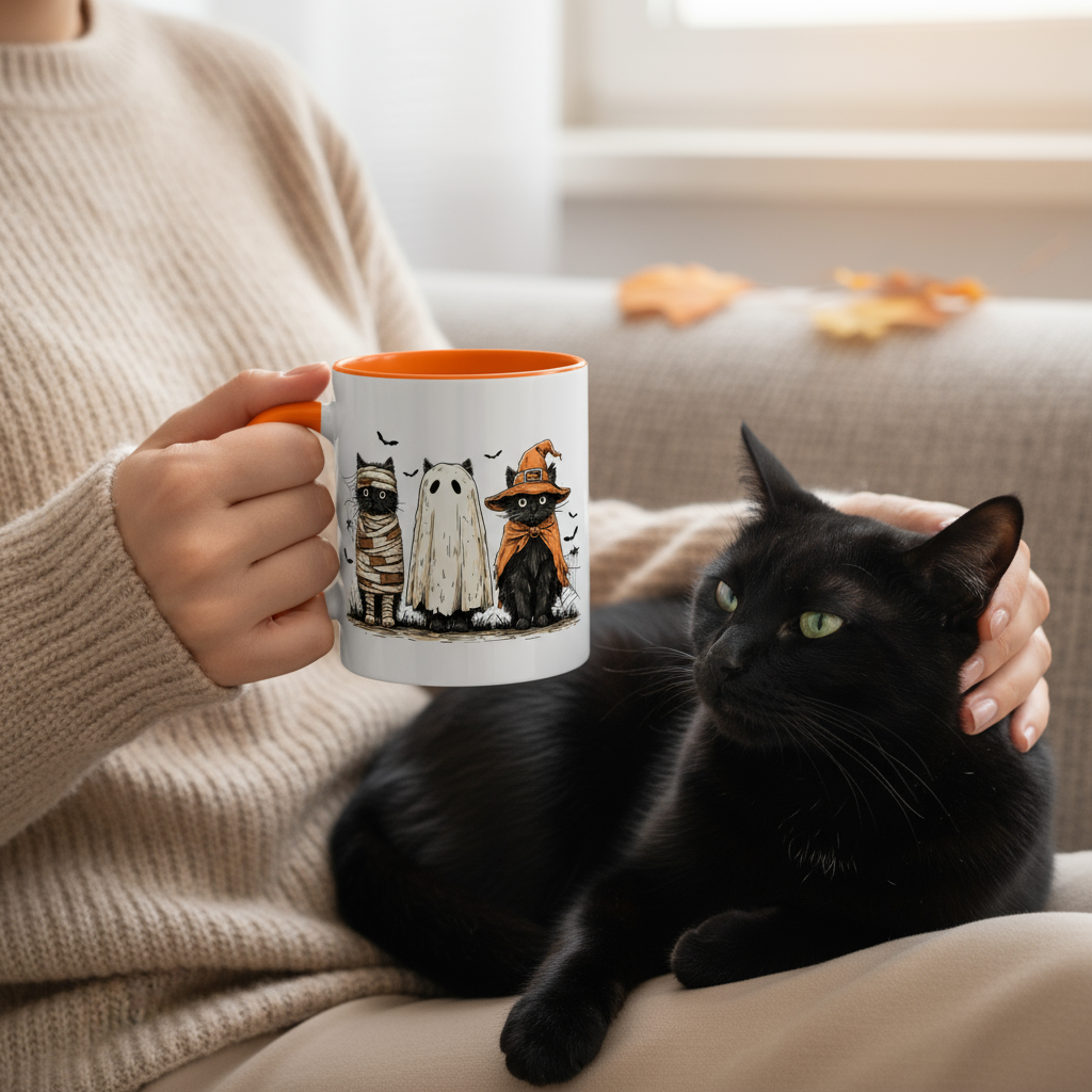 Halloween Black Cat Mug, Cute Witch, Ghost & Mummy Cats Coffee Cup, Spooky Cute Gift for Cat Lovers, Fall Pumpkin Spice Latte Mug
