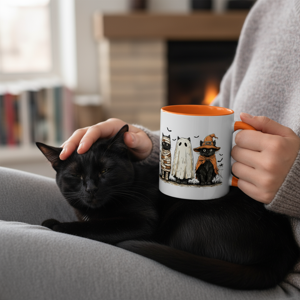 Halloween Black Cat Mug, Cute Witch, Ghost & Mummy Cats Coffee Cup, Spooky Cute Gift for Cat Lovers, Fall Pumpkin Spice Latte Mug