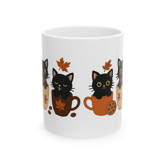 Cozy Cat Ceramic Mug - Fall Vibes, Cute Kitty Design, Perfect Gift for Cat Lovers, Coffee Lovers, Autumn Decor, Halloween