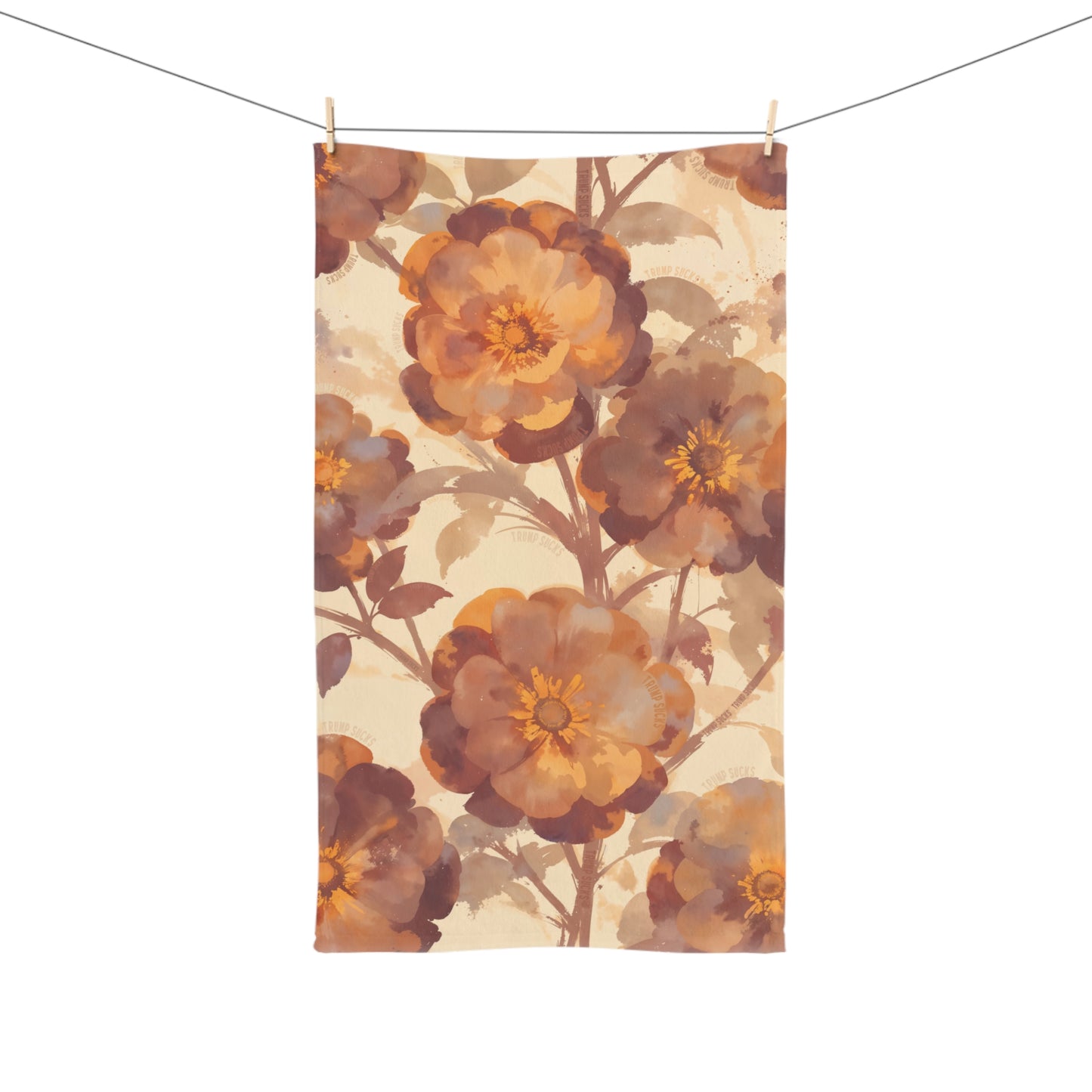 Trump Sucks Mocha and Orange Watercolor Floral Hand Towel, Subtle Political Statement
