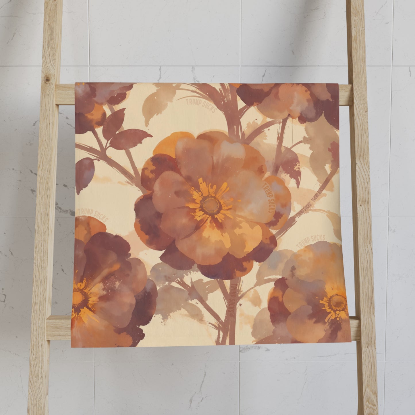 Trump Sucks Mocha and Orange Watercolor Floral Hand Towel, Subtle Political Statement