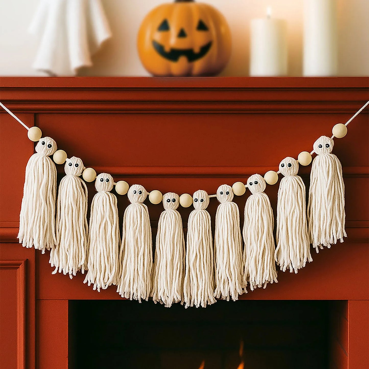 Whimsical Ghost Garland – Handmade Yarn Halloween Mantle Decoration