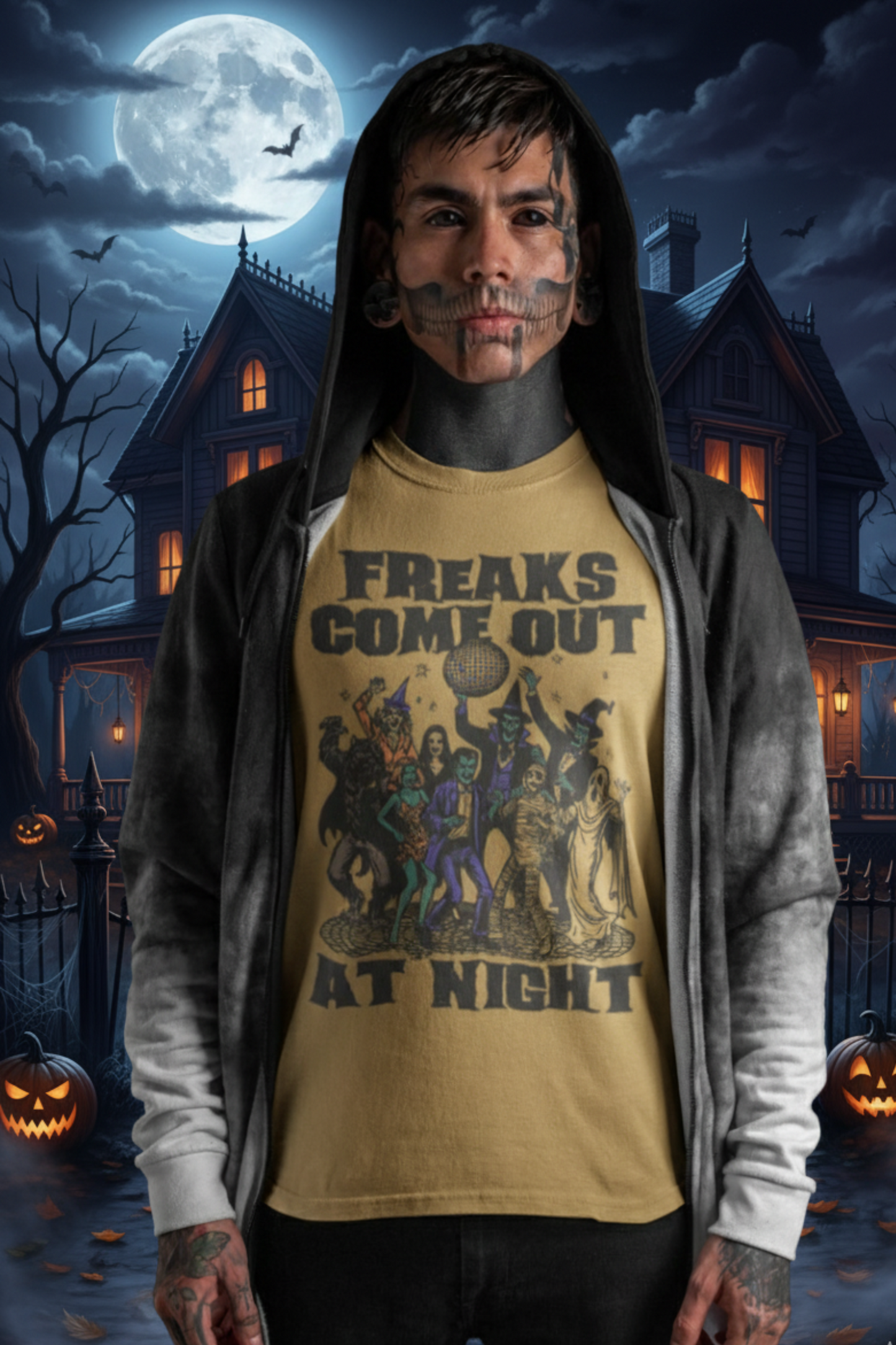 Freaks Come Out at Night Halloween T-Shirt – Retro Comfort Colors 1717 Spooky Party Tee