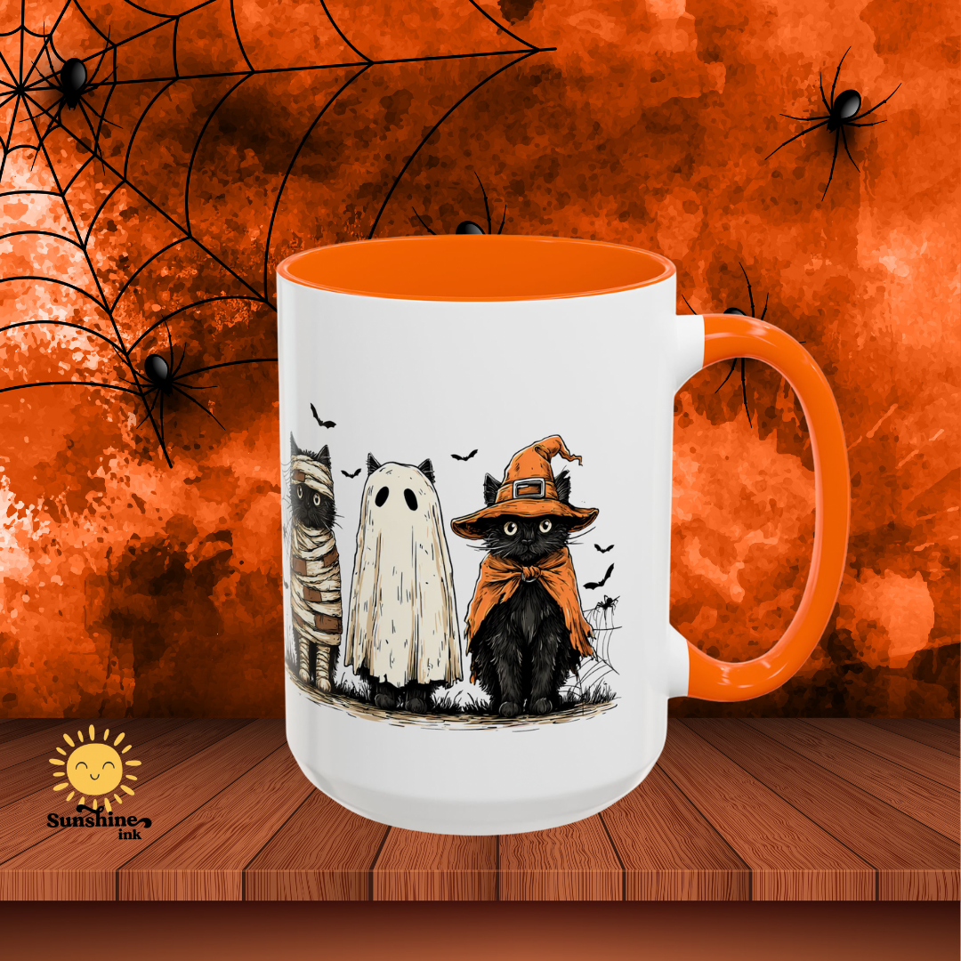 Halloween Black Cat Mug, Cute Witch, Ghost & Mummy Cats Coffee Cup, Spooky Cute Gift for Cat Lovers, Fall Pumpkin Spice Latte Mug