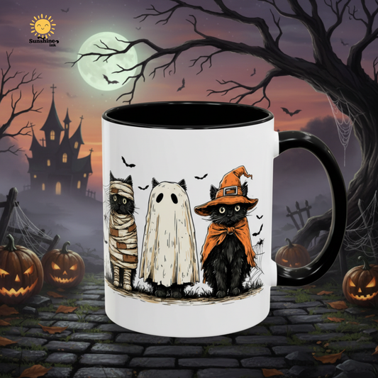 Halloween Black Cat Mug, Cute Witch, Ghost & Mummy Cats Coffee Cup, Spooky Cute Gift for Cat Lovers, Fall Pumpkin Spice Latte Mug