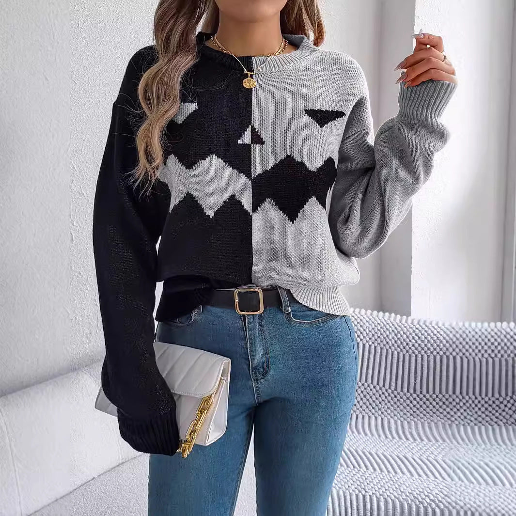 Women’s Halloween Ghost Sweater – Contrast-Color Knitted Pullover, Long Sleeve Cozy Fall Top