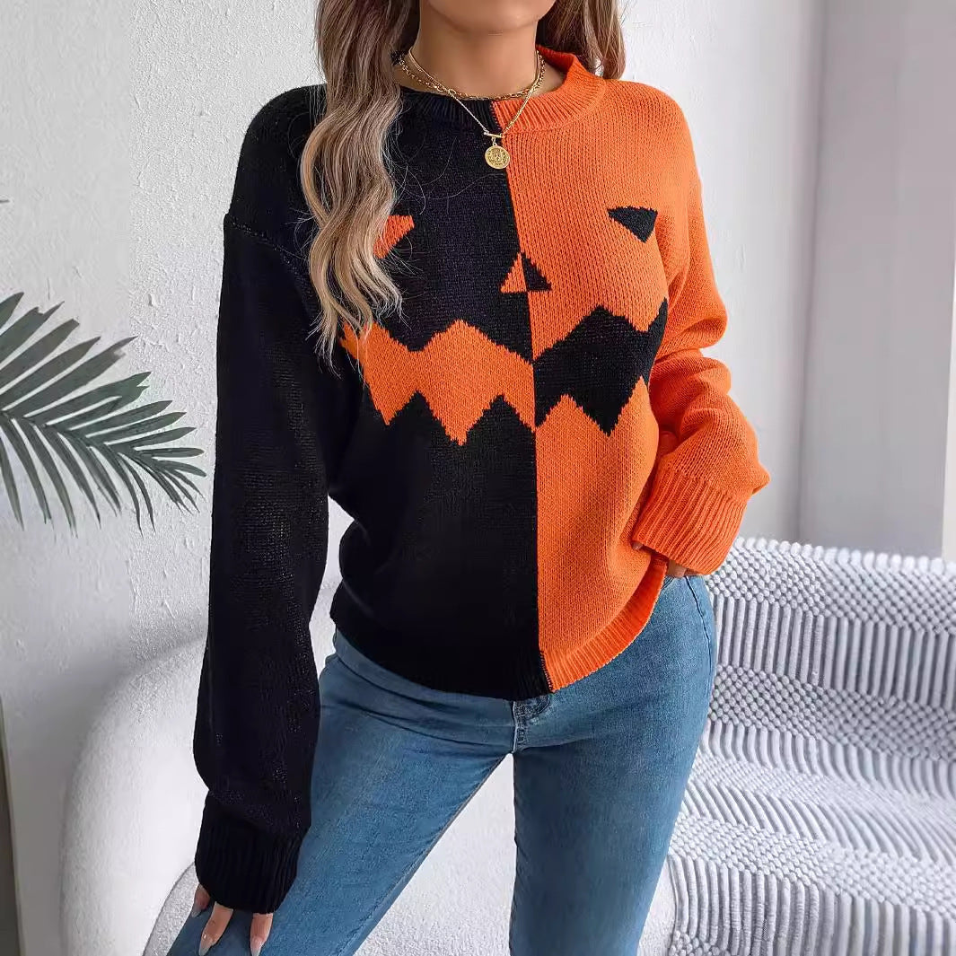 Women’s Halloween Ghost Sweater – Contrast-Color Knitted Pullover, Long Sleeve Cozy Fall Top