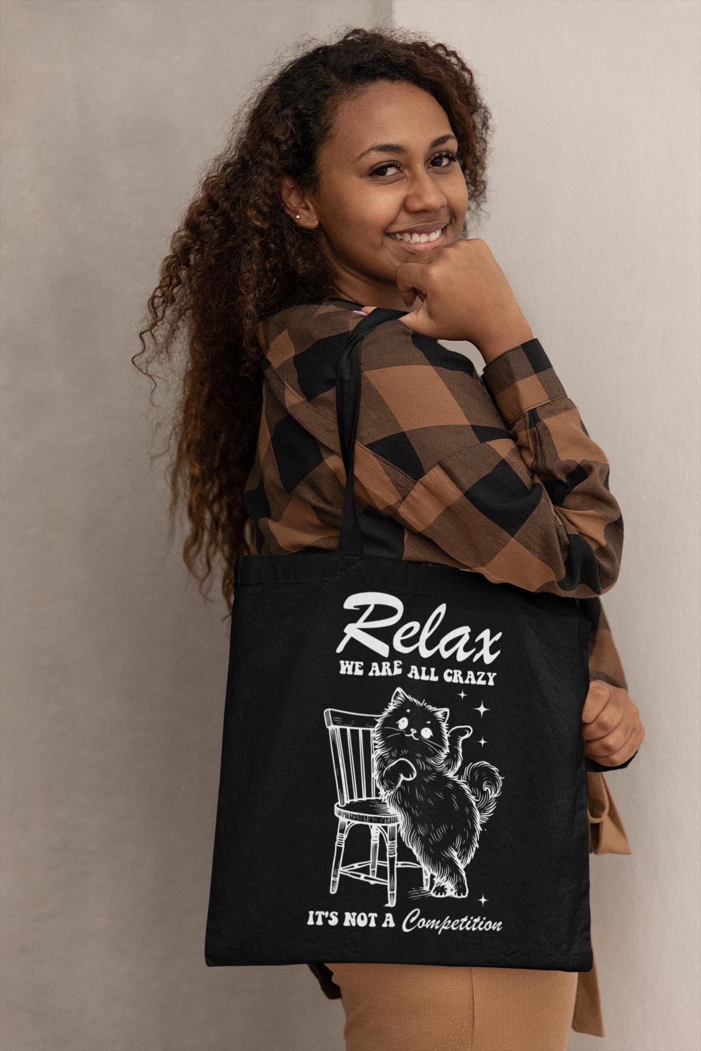 Funny Tote Bag, Relax We Are All Crazy, Gift for Cat Owner, Not a Competition, Reusable Shopping Bag, Canvas Tote