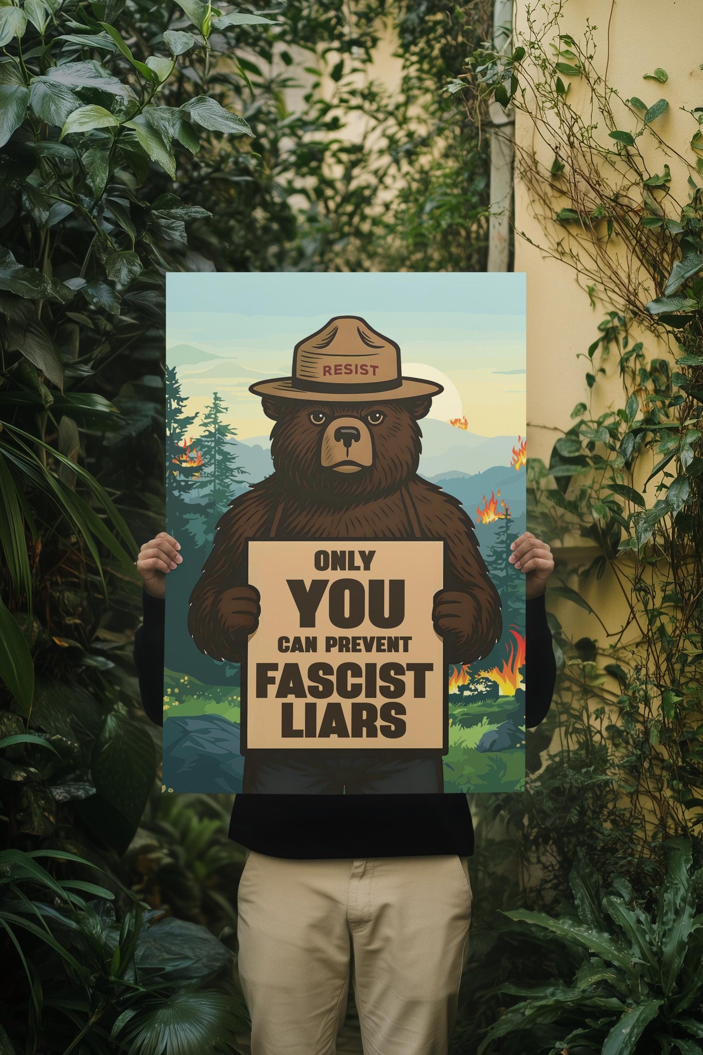 Resist Poster "Only You Can Prevent Fascist Liars" Smokey Bear Protest Art, Anti-Fascist Wall Print, National Parks Defund Protest Sign