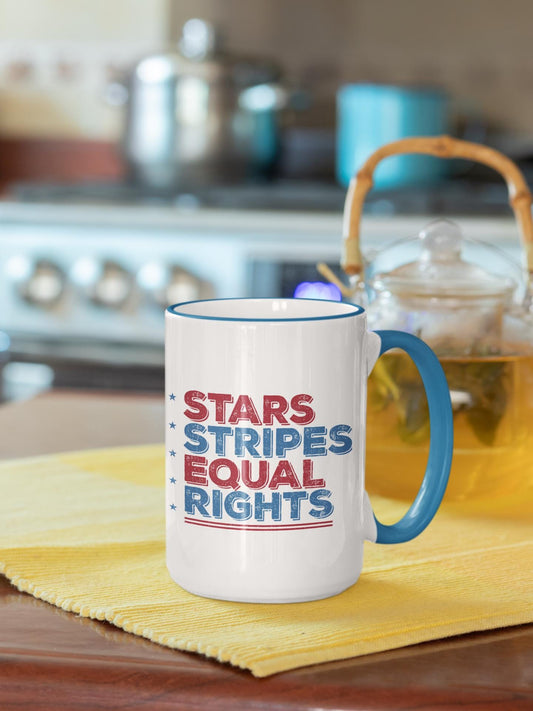 Red White and Brew, Stars Stripes Equal Rights Mug - Patriotic Progressive Coffee Cup - Feminist Anti-Trump Drinkware - (11, 15oz)