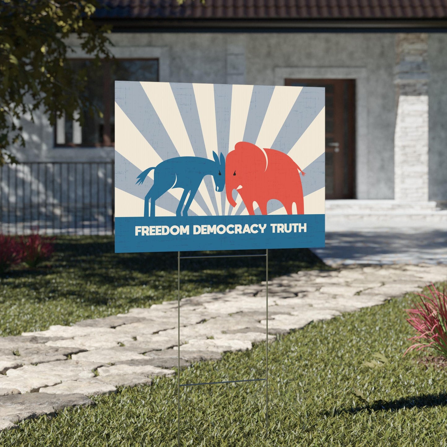 Freedom Democracy Truth Yard Sign, Anti-Trump Political Protest Sign, Donkey vs Elephant Lawn Art, Corrugated Plastic Pro-Truth Yard Sign