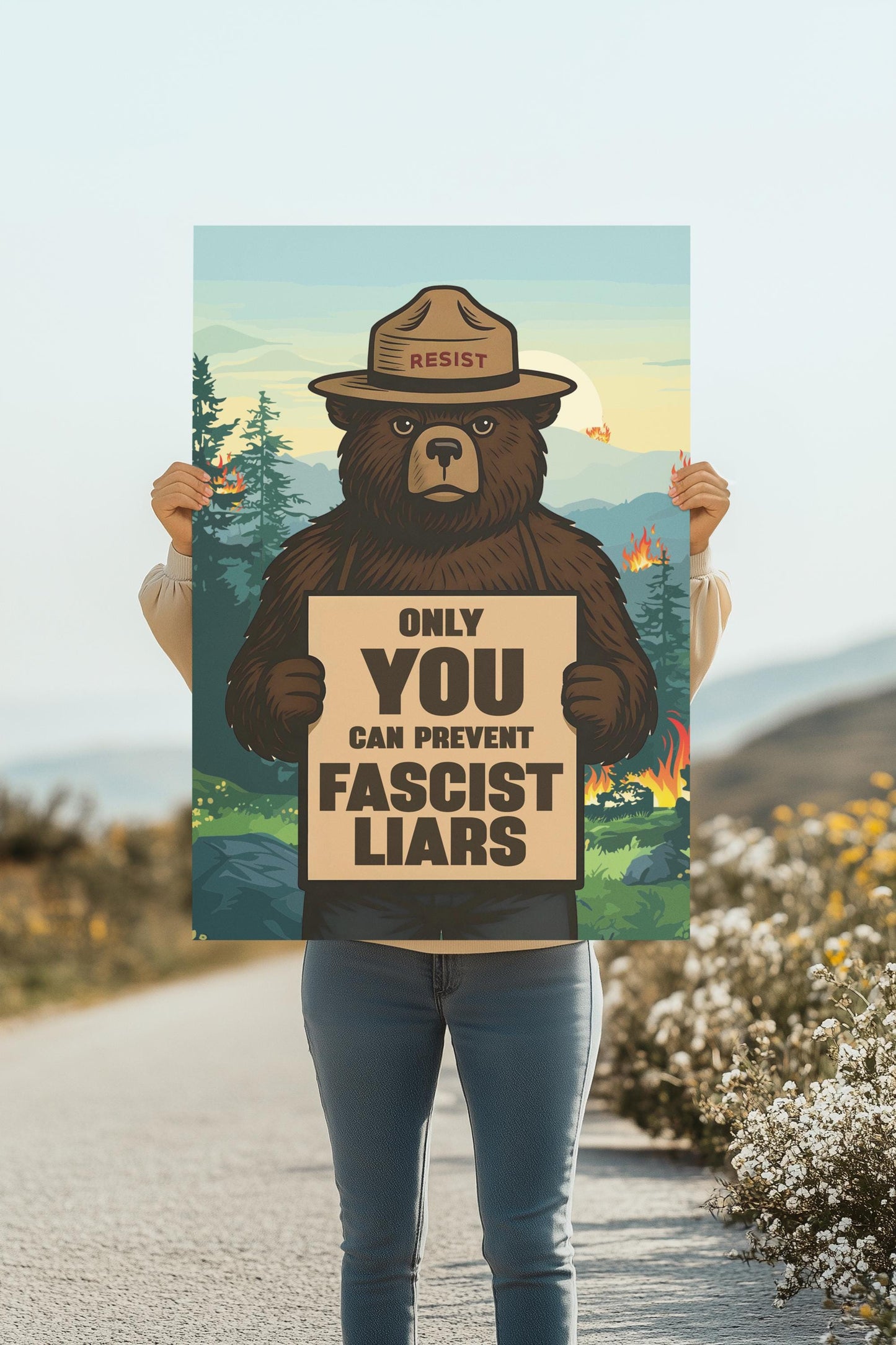 Resist Poster "Only You Can Prevent Fascist Liars" Smokey Bear Protest Art, Anti-Fascist Wall Print, National Parks Defund Protest Sign