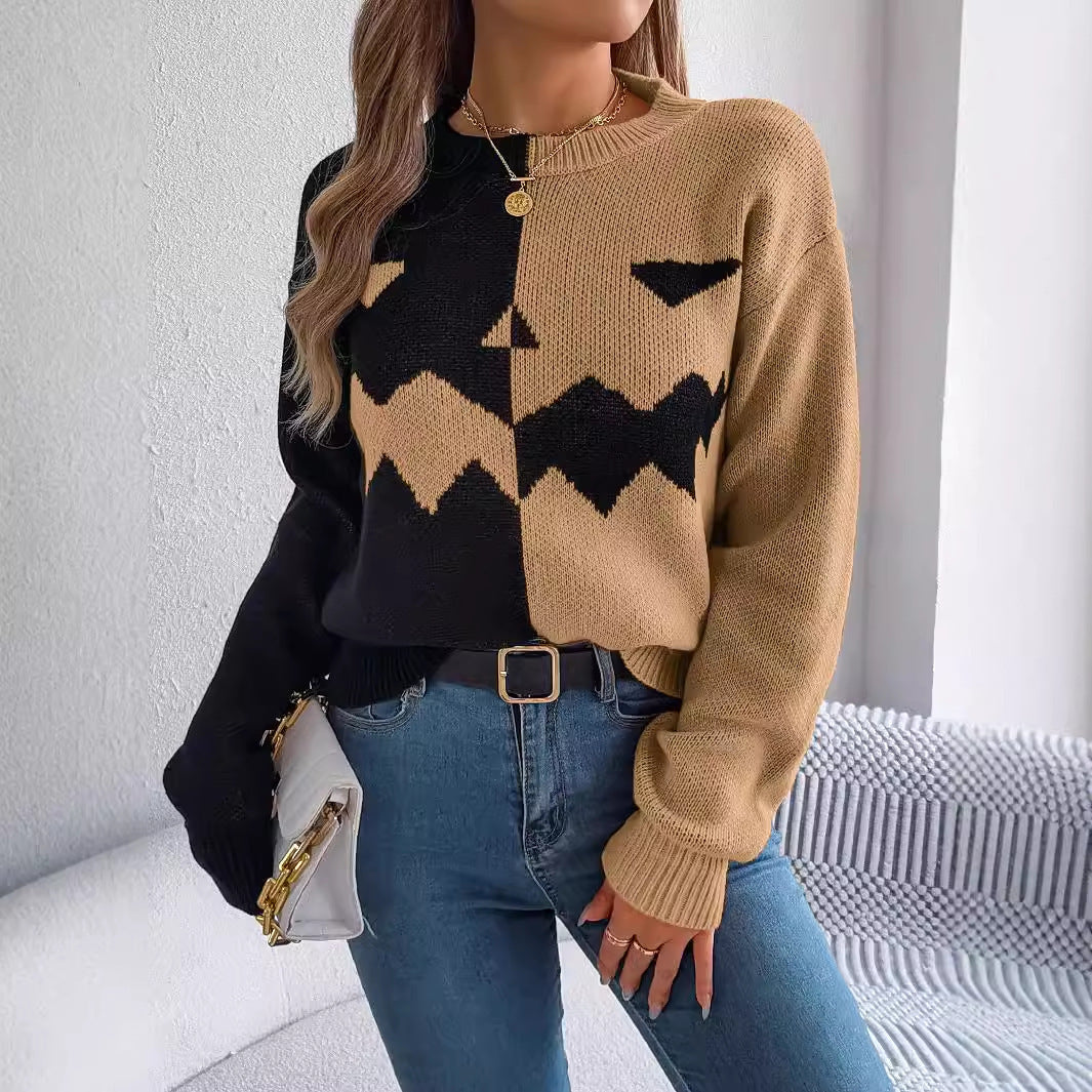 Women’s Halloween Ghost Sweater – Contrast-Color Knitted Pullover, Long Sleeve Cozy Fall Top