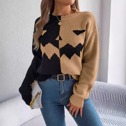 Women’s Halloween Ghost Sweater – Contrast-Color Knitted Pullover, Long Sleeve Cozy Fall Top