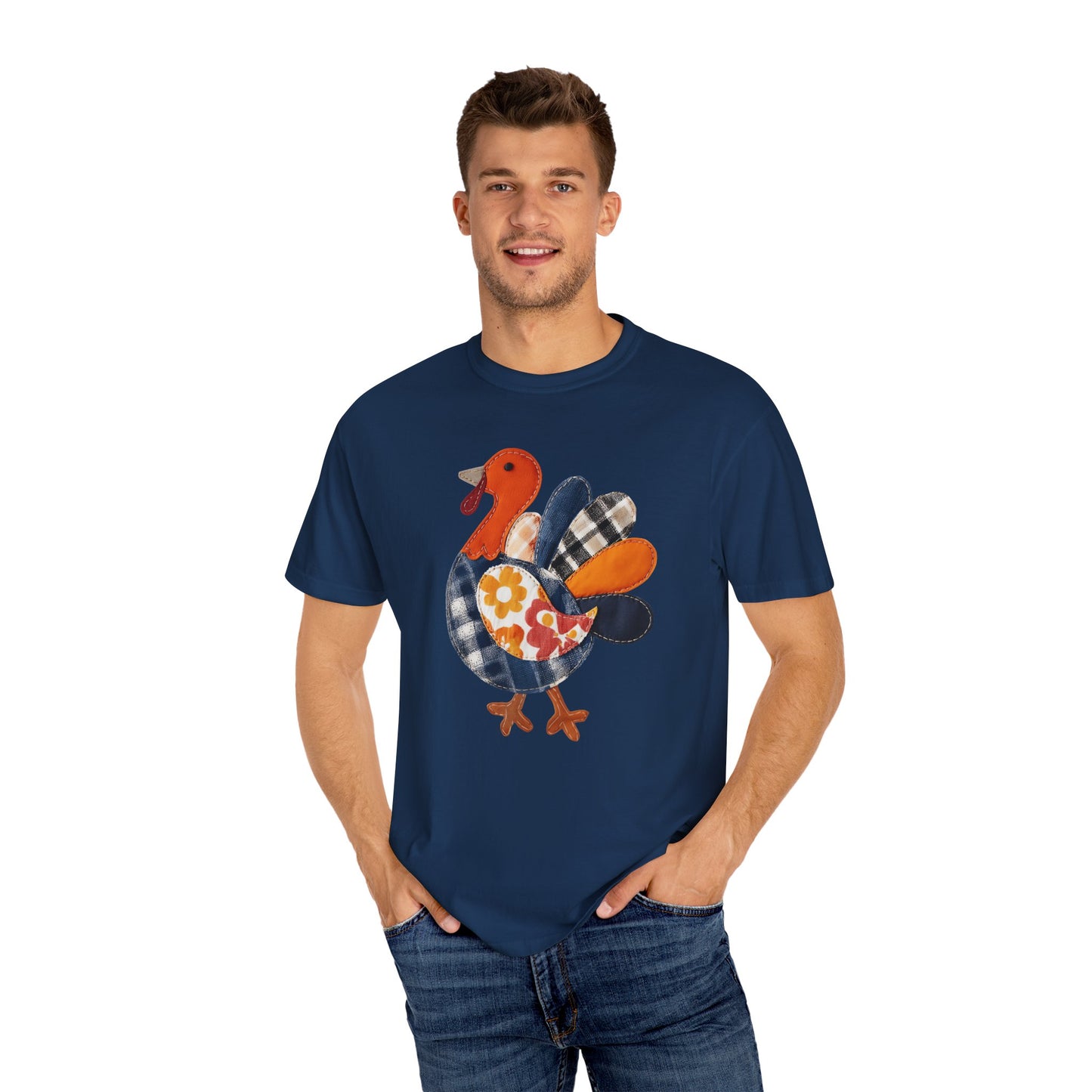 Thanksgiving Faux Patchwork Turkey Shirt, Unisex Fall Tee, Holiday Gift, Cozy Autumn Apparel, Festive Graphic T-shirt, Harvest Wear