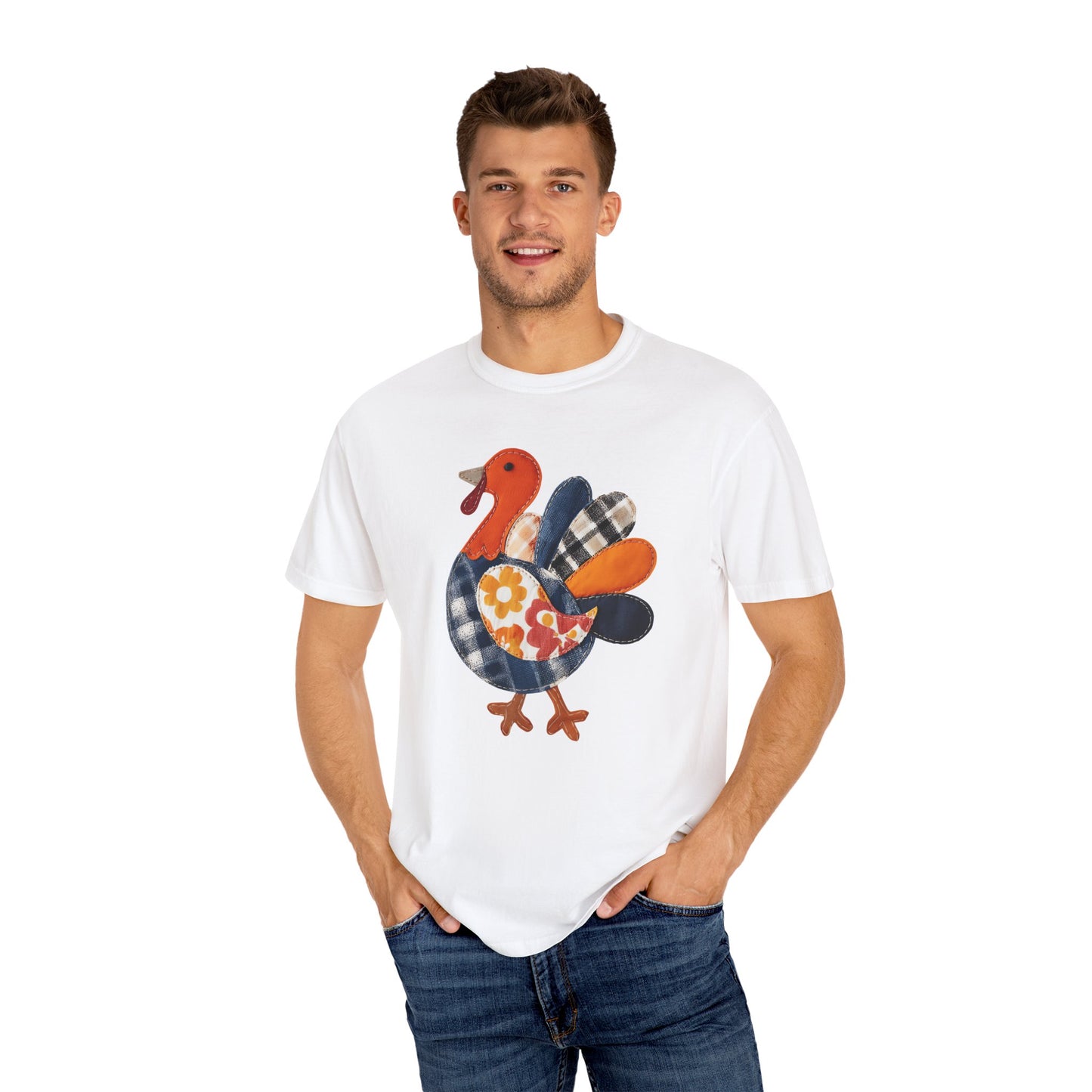 Thanksgiving Faux Patchwork Turkey Shirt, Unisex Fall Tee, Holiday Gift, Cozy Autumn Apparel, Festive Graphic T-shirt, Harvest Wear