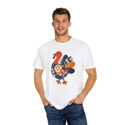 Thanksgiving Faux Patchwork Turkey Shirt, Unisex Fall Tee, Holiday Gift, Cozy Autumn Apparel, Festive Graphic T-shirt, Harvest Wear