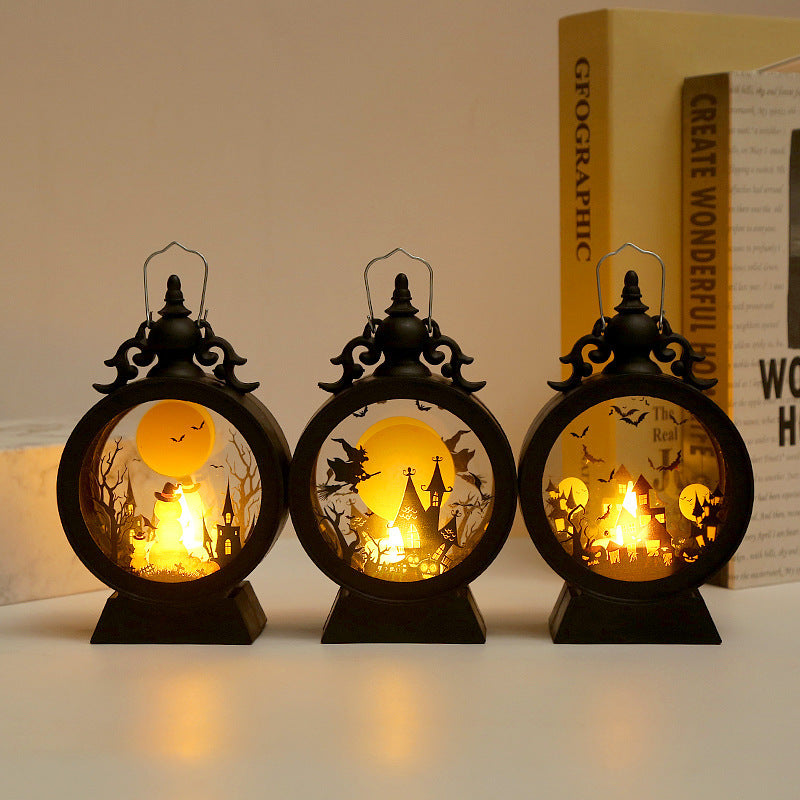 Halloween Retro Candle Portable Storm Lantern – Pumpkin, Castle & Witch Design, Haunted Decor Light