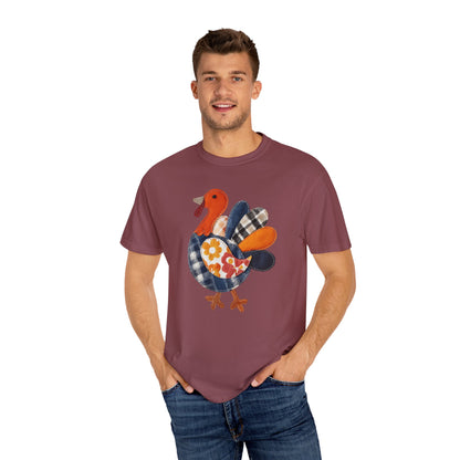 Thanksgiving Faux Patchwork Turkey Shirt, Unisex Fall Tee, Holiday Gift, Cozy Autumn Apparel, Festive Graphic T-shirt, Harvest Wear