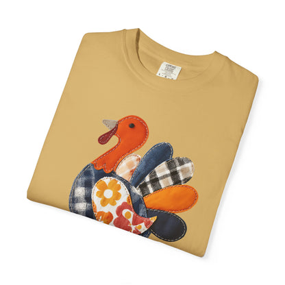 Thanksgiving Faux Patchwork Turkey Shirt, Unisex Fall Tee, Holiday Gift, Cozy Autumn Apparel, Festive Graphic T-shirt, Harvest Wear
