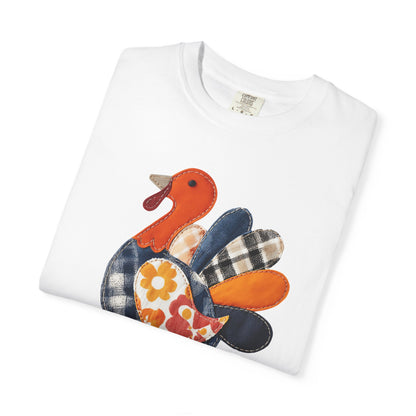 Thanksgiving Faux Patchwork Turkey Shirt, Unisex Fall Tee, Holiday Gift, Cozy Autumn Apparel, Festive Graphic T-shirt, Harvest Wear
