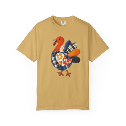 Thanksgiving Faux Patchwork Turkey Shirt, Unisex Fall Tee, Holiday Gift, Cozy Autumn Apparel, Festive Graphic T-shirt, Harvest Wear