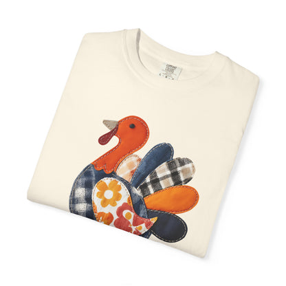 Thanksgiving Faux Patchwork Turkey Shirt, Unisex Fall Tee, Holiday Gift, Cozy Autumn Apparel, Festive Graphic T-shirt, Harvest Wear