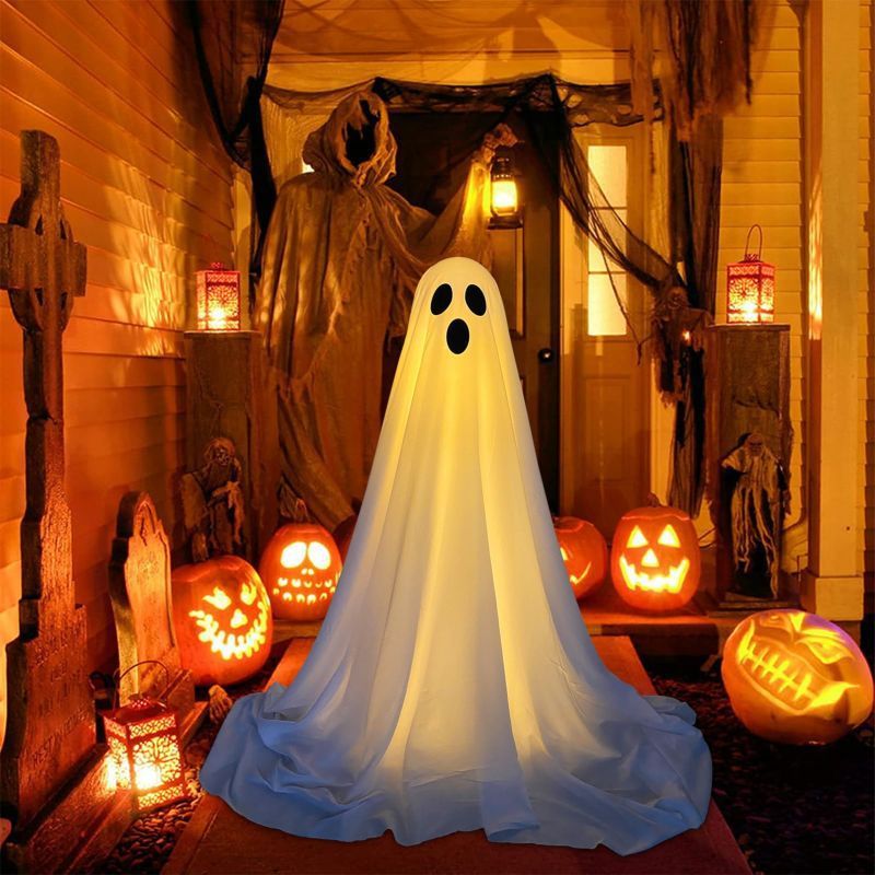 Front Porch Ghost Halloween Decoration – Battery-Powered Standing Ghost with Lighting Chain