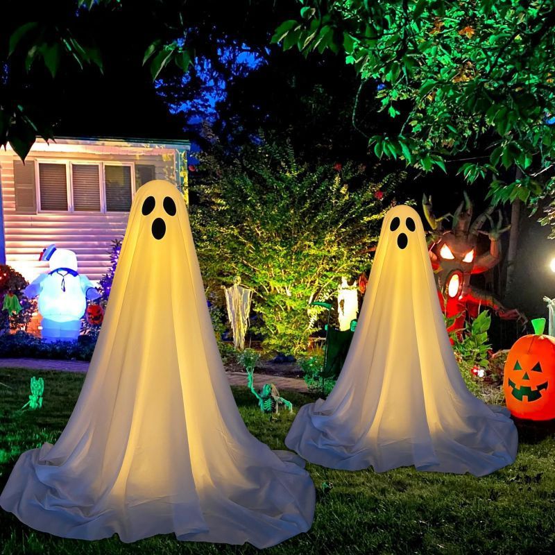 Front Porch Ghost Halloween Decoration – Battery-Powered Standing Ghost with Lighting Chain