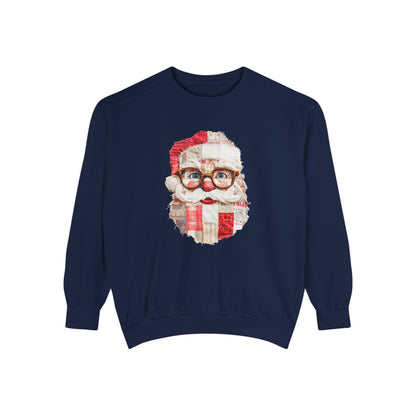 Patchwork Santa Faux Quilt Sweatshirt, Cozy Vintage Christmas Crewneck