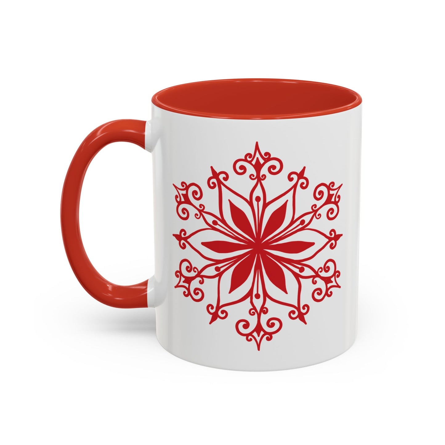 Red Floral Mandala Snowflake Accent Coffee Mug | 11oz 15oz