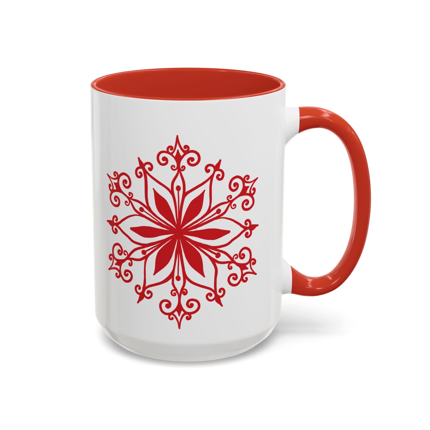 Red Floral Mandala Snowflake Accent Coffee Mug | 11oz 15oz