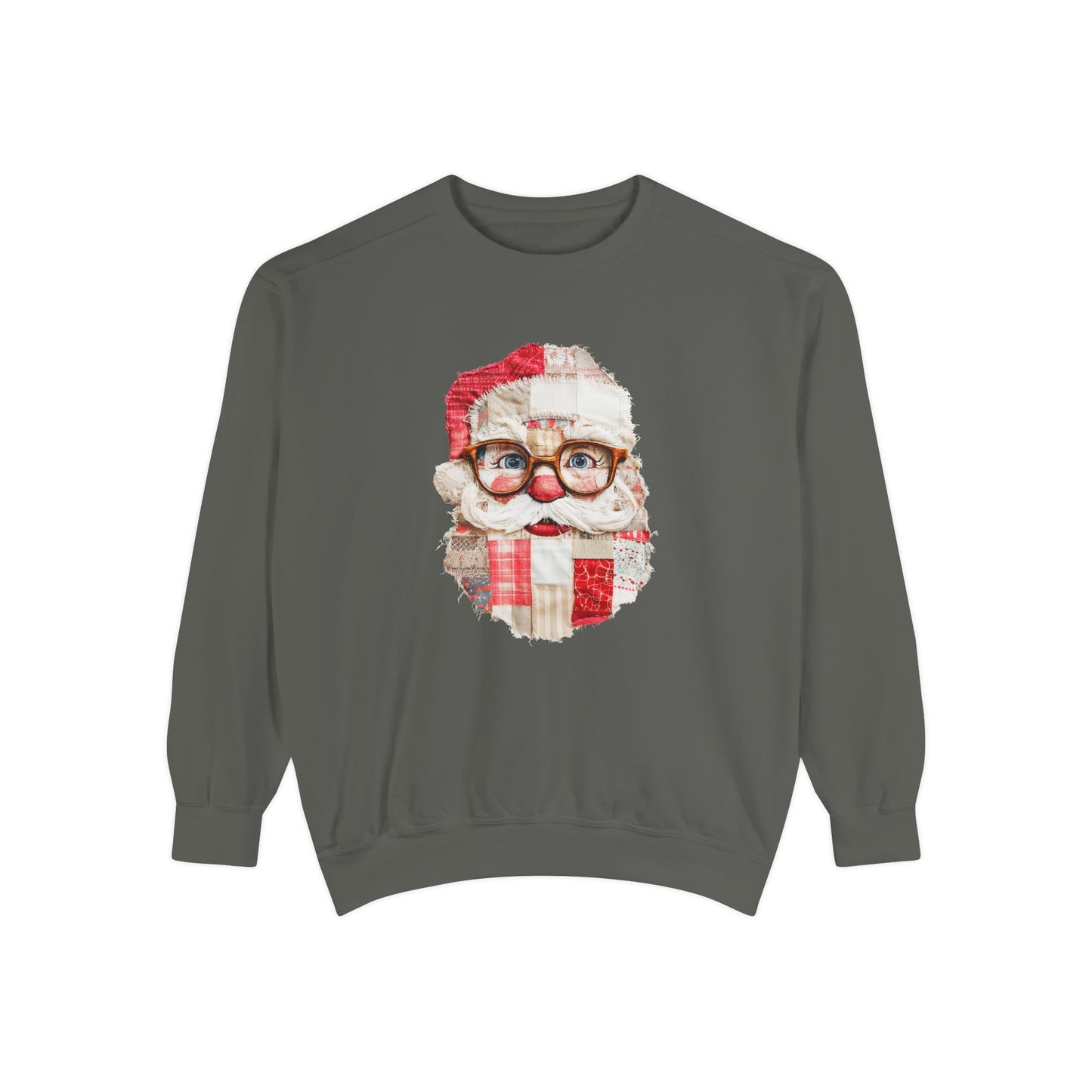 Patchwork Santa Faux Quilt Sweatshirt, Cozy Vintage Christmas Crewneck