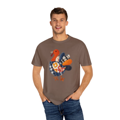Thanksgiving Faux Patchwork Turkey Shirt, Unisex Fall Tee, Holiday Gift, Cozy Autumn Apparel, Festive Graphic T-shirt, Harvest Wear