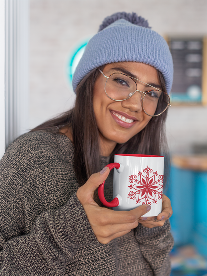 Red Floral Mandala Snowflake Accent Coffee Mug | 11oz 15oz