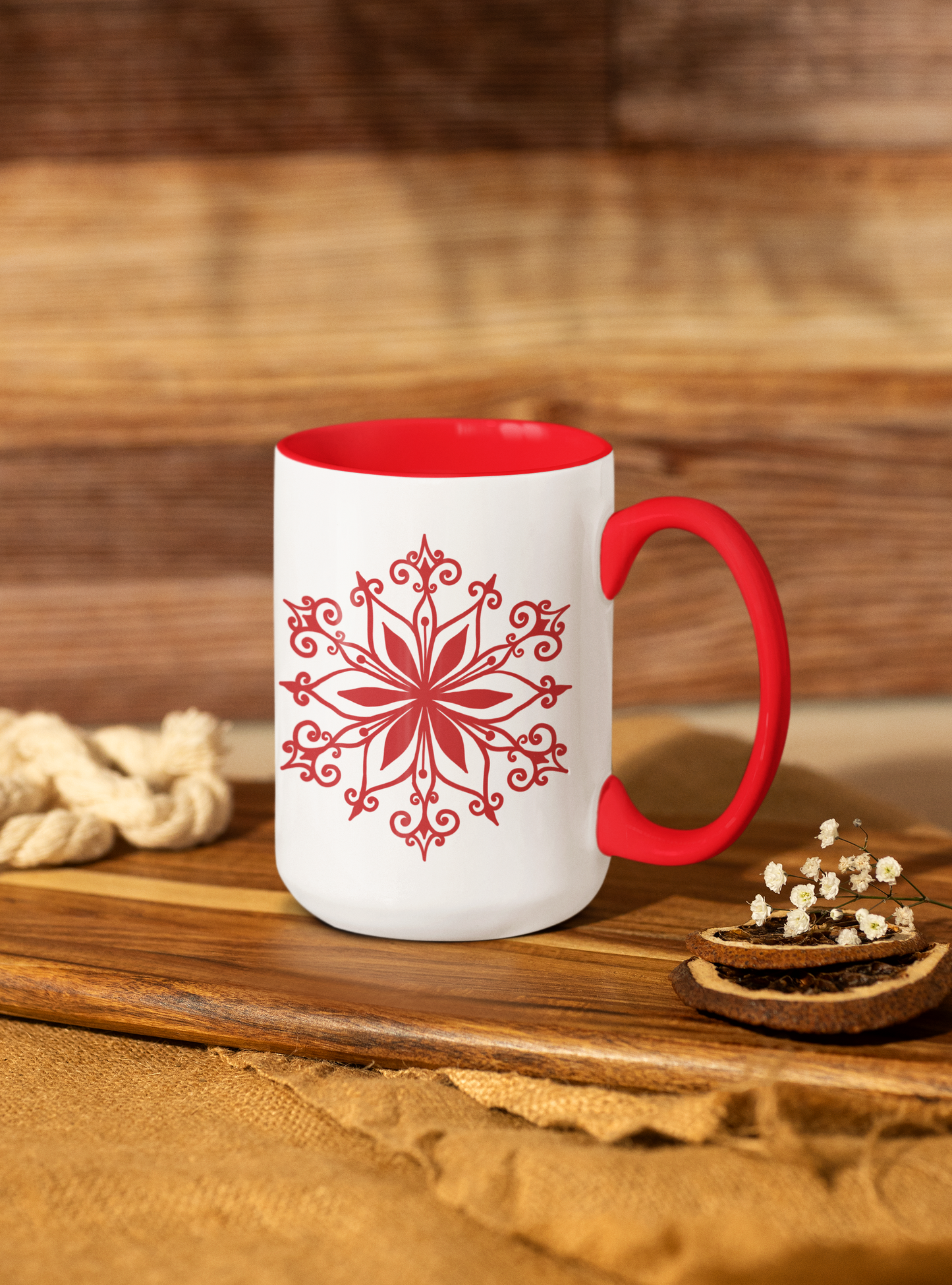 Red Floral Mandala Snowflake Accent Coffee Mug | 11oz 15oz