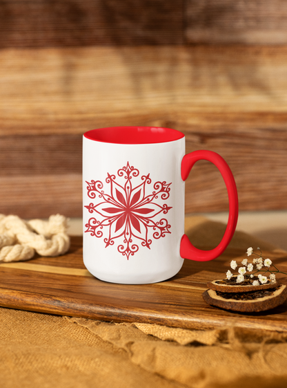 Red Floral Mandala Snowflake Accent Coffee Mug | 11oz 15oz