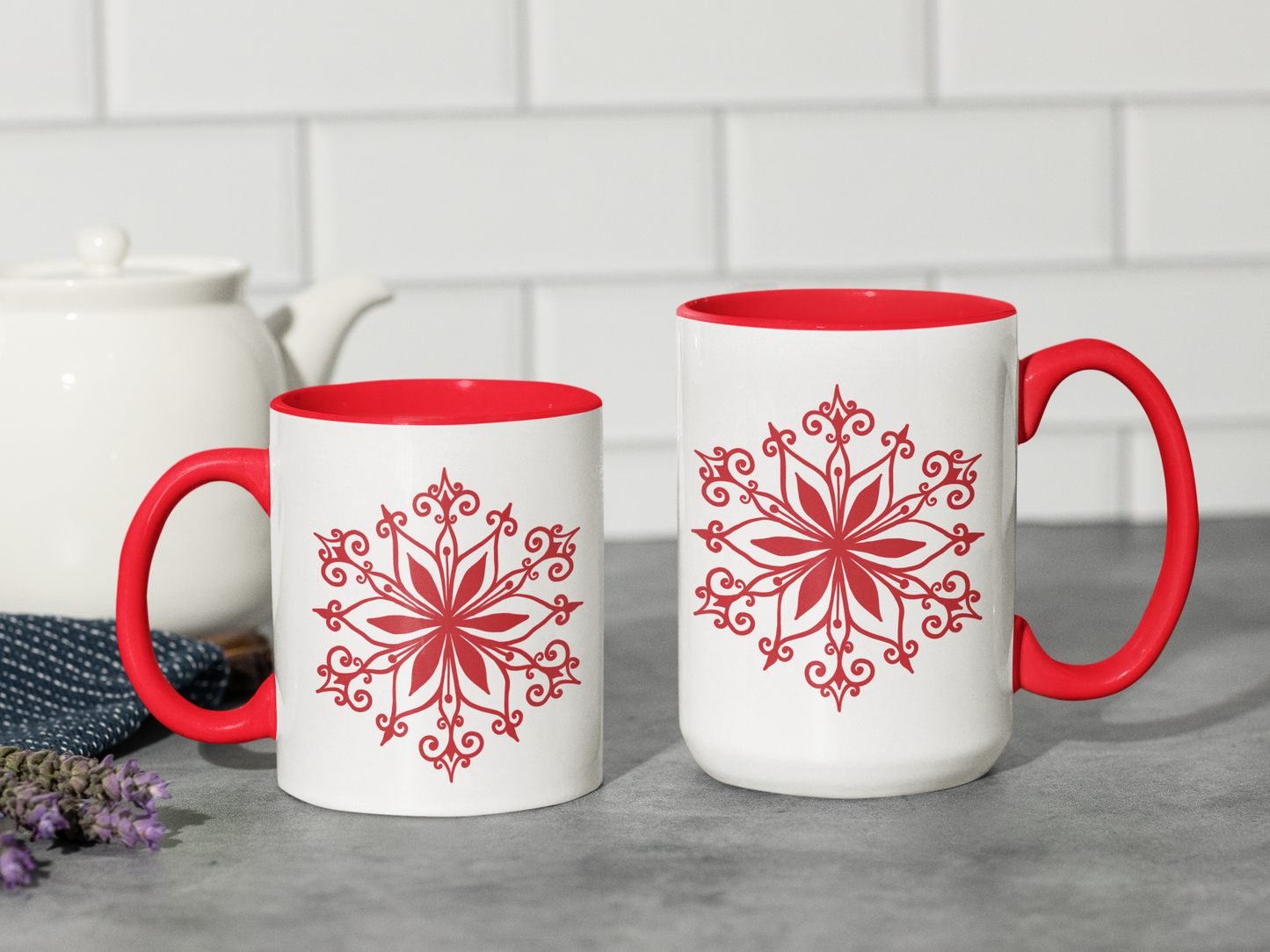 Red Floral Mandala Snowflake Accent Coffee Mug | 11oz 15oz