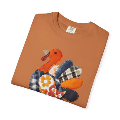 Thanksgiving Faux Patchwork Turkey Shirt, Unisex Fall Tee, Holiday Gift, Cozy Autumn Apparel, Festive Graphic T-shirt, Harvest Wear