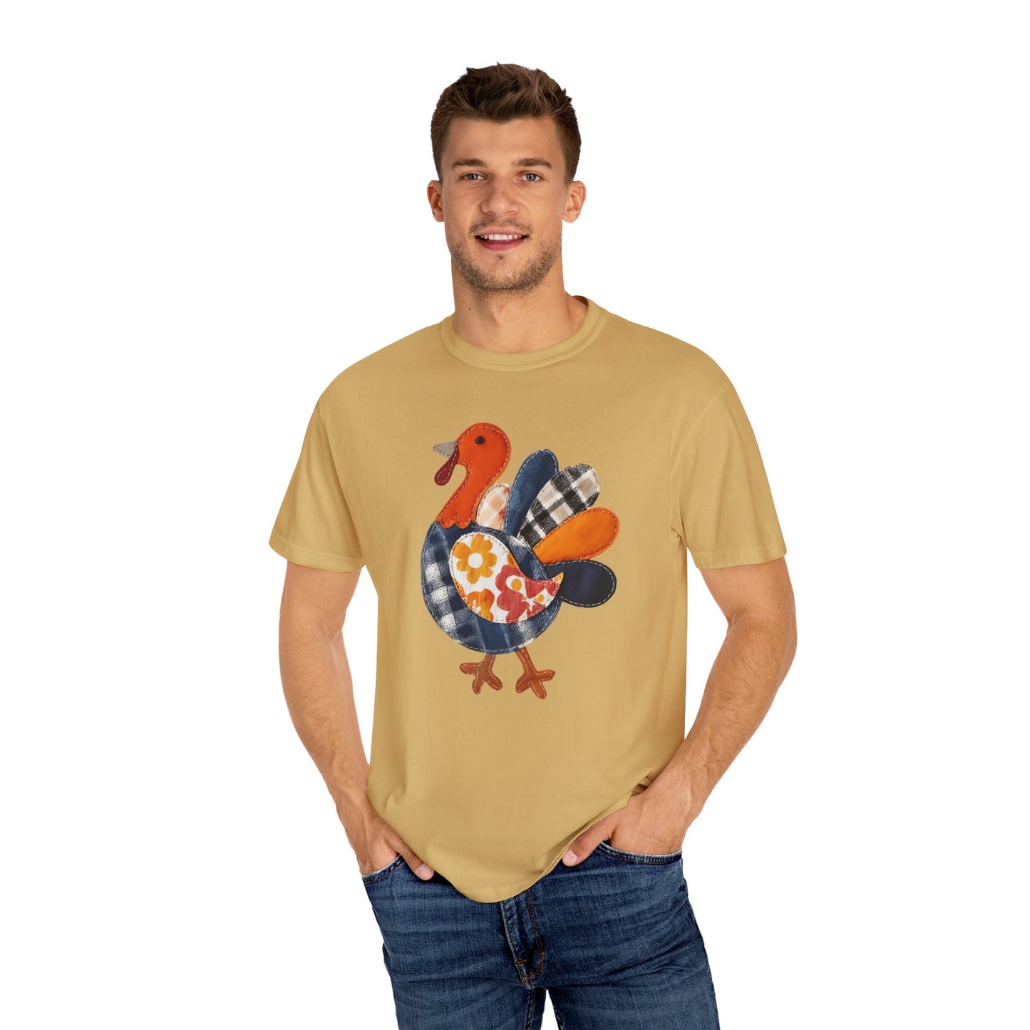 Thanksgiving Faux Patchwork Turkey Shirt, Unisex Fall Tee, Holiday Gift, Cozy Autumn Apparel, Festive Graphic T-shirt, Harvest Wear