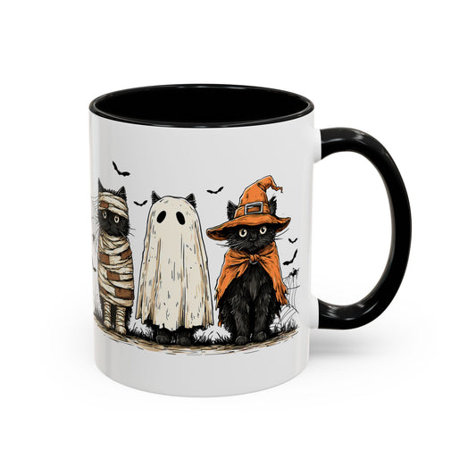 Halloween Black Cat Mug, Cute Witch, Ghost & Mummy Cats Coffee Cup, Spooky Cute Gift for Cat Lovers, Fall Pumpkin Spice Latte Mug