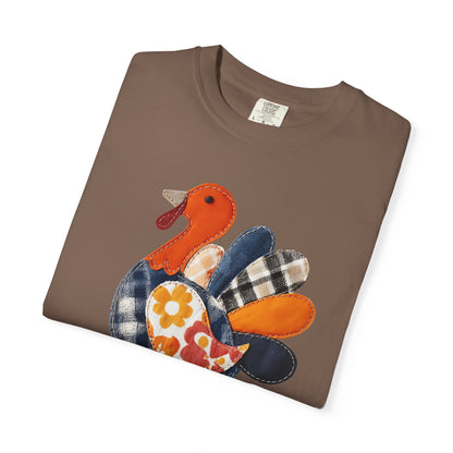 Thanksgiving Faux Patchwork Turkey Shirt, Unisex Fall Tee, Holiday Gift, Cozy Autumn Apparel, Festive Graphic T-shirt, Harvest Wear