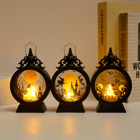 Halloween Retro Candle Portable Storm Lantern – Pumpkin, Castle & Witch Design, Haunted Decor Light