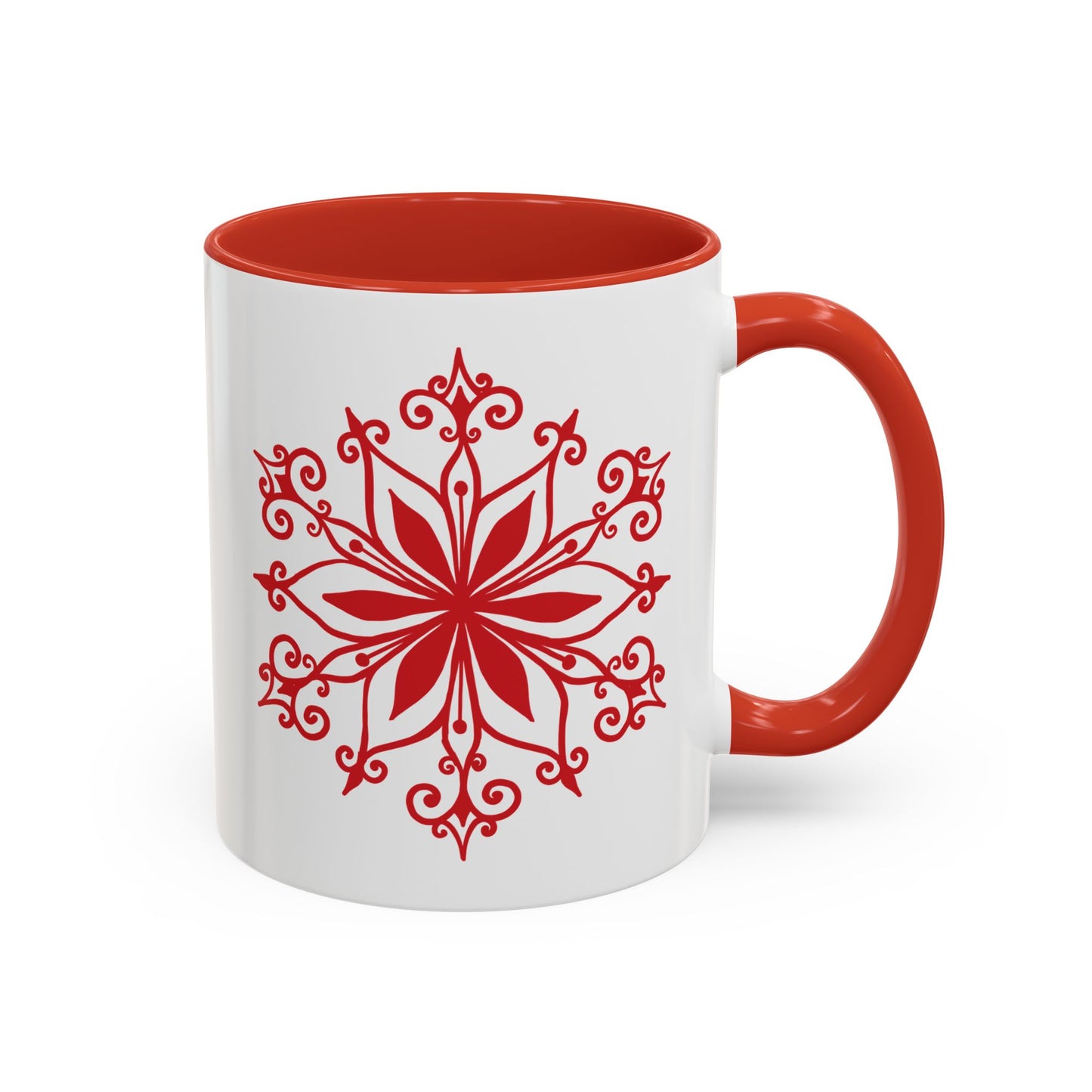 Red Floral Mandala Snowflake Accent Coffee Mug | 11oz 15oz