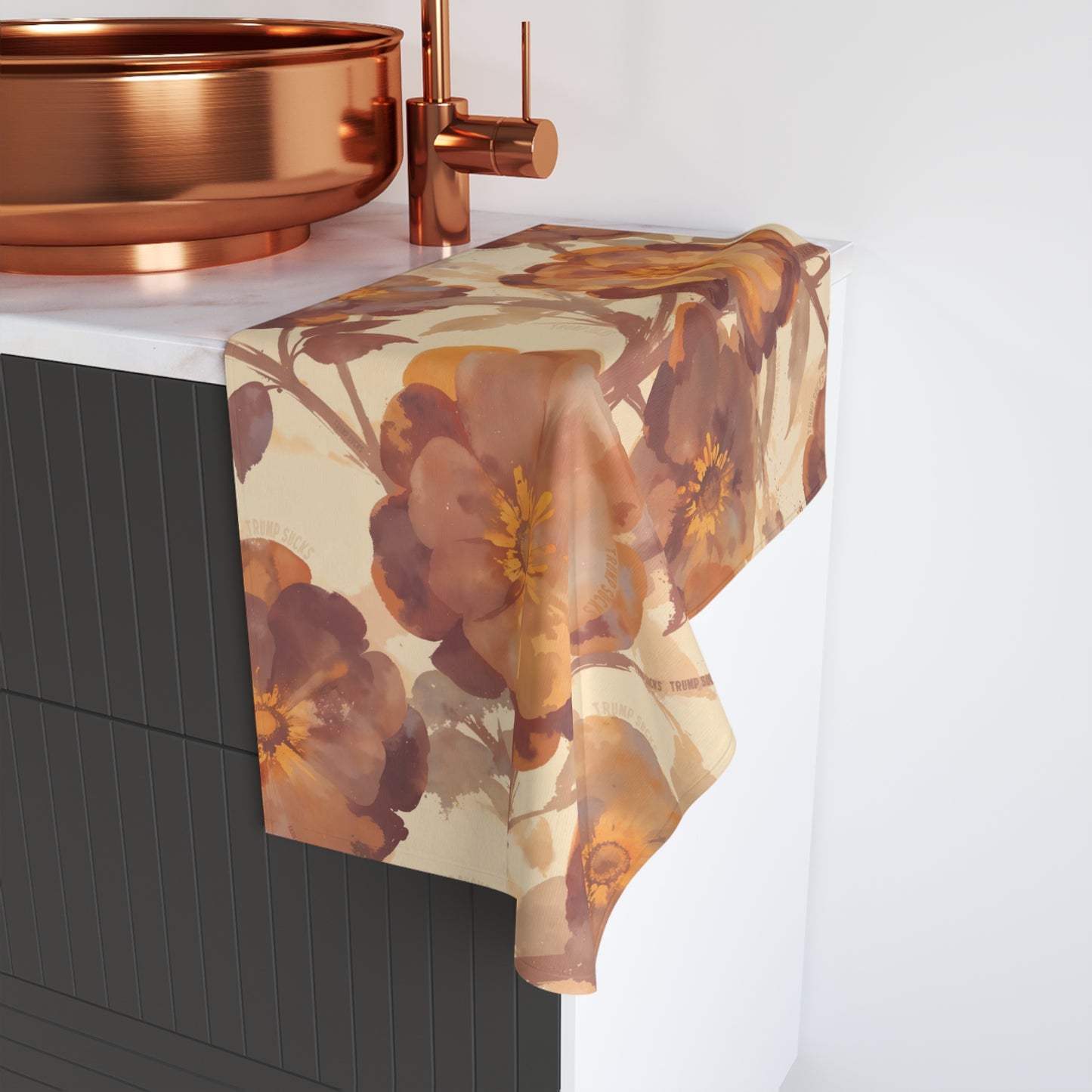 Trump Sucks Mocha and Orange Watercolor Floral Hand Towel, Subtle Political Statement