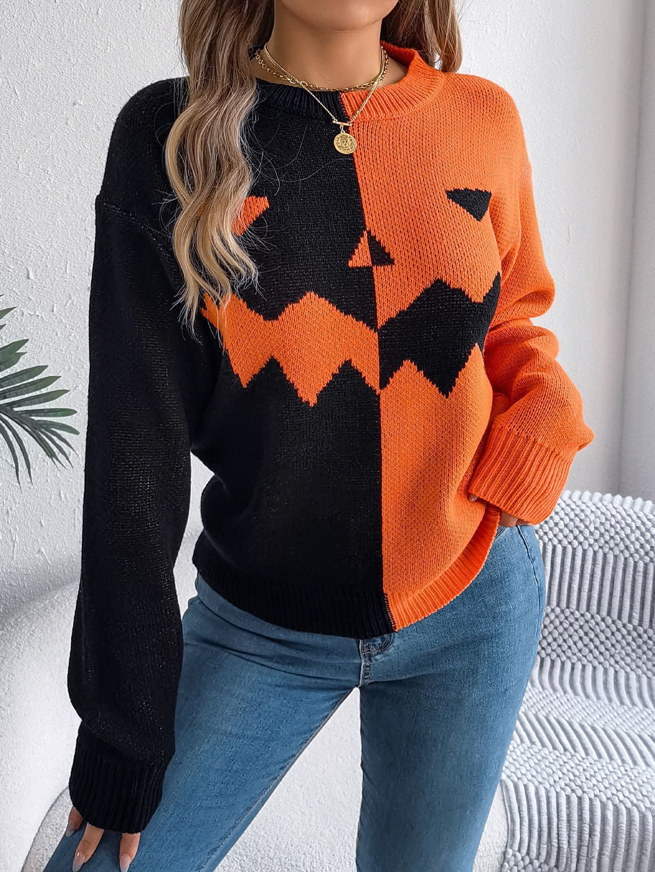 Women’s Halloween Ghost Sweater – Contrast-Color Knitted Pullover, Long Sleeve Cozy Fall Top